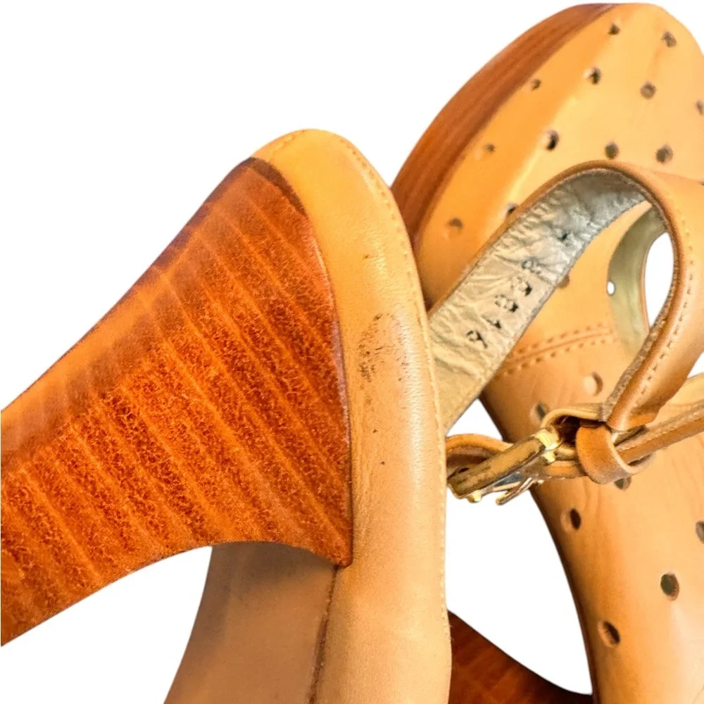 Stuart Weitzman Tan Leather Cutout Platform Heels Peep Toe Women’s Size 9 in EUC